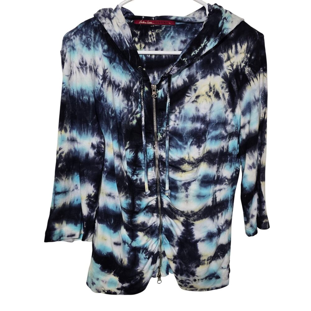 Barbara Lesser Fibers Full Zip Tie Dye Hoodie Jacket Womens Large Blue White